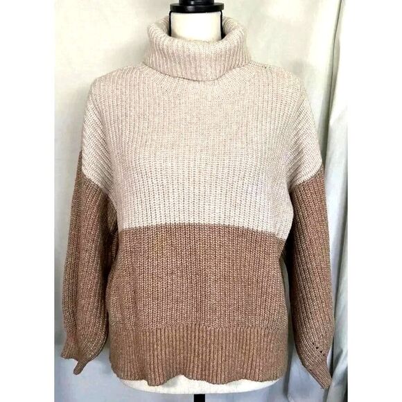 American Eagle Outfitters Sweaters - American Eagle Colorblock Turtleneck Ribbed Knit Oversized Sweater Tan Beige XS
